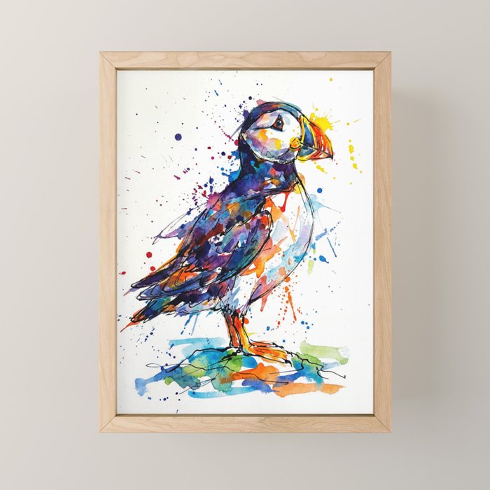 Vibrant Puffin Watercolour - Ink Line and Colour Splatter Coastal Bird Art Print Mini Art Print Gallery Image 1