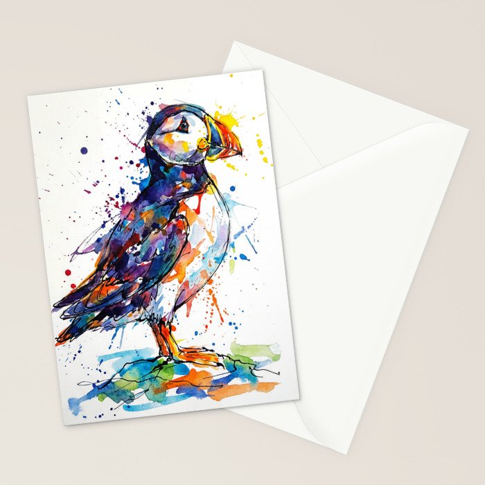 Vibrant Puffin Watercolour - Ink Line and Colour Splatter Coastal Bird Art Print Stationery Card Gallery Image 2