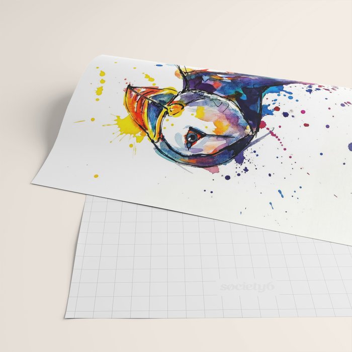 Vibrant Puffin Watercolour - Ink Line and Colour Splatter Coastal Bird Art Print Wrapping Paper Gallery Image 2