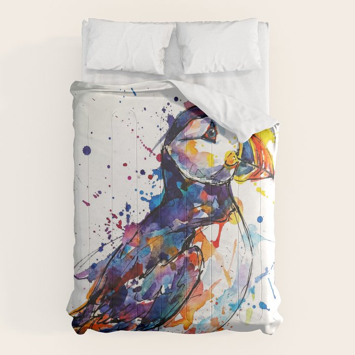 Vibrant Puffin Watercolour - Ink Line and Colour Splatter Coastal Bird Art Print Comforter Gallery Image 6