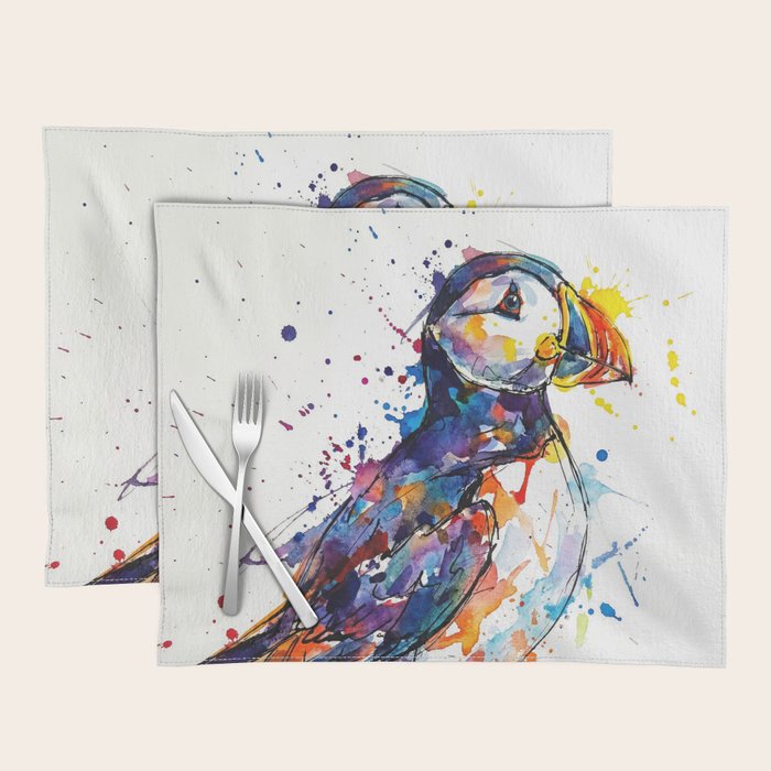 Vibrant Puffin Watercolour - Ink Line and Colour Splatter Coastal Bird Art Print Placemat Gallery Image 1