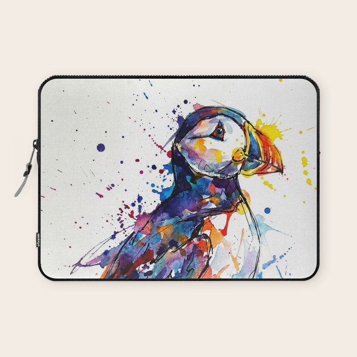 Vibrant Puffin Watercolour - Ink Line and Colour Splatter Coastal Bird Art Print Laptop Sleeve Gallery Image 1