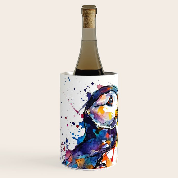Vibrant Puffin Watercolour - Ink Line and Colour Splatter Coastal Bird Art Print Wine Chiller Gallery Image 1
