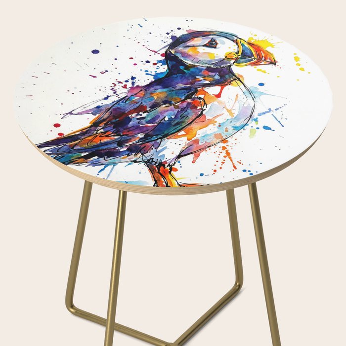 Vibrant Puffin Watercolour - Ink Line and Colour Splatter Coastal Bird Art Print Side Table Gallery Image 2