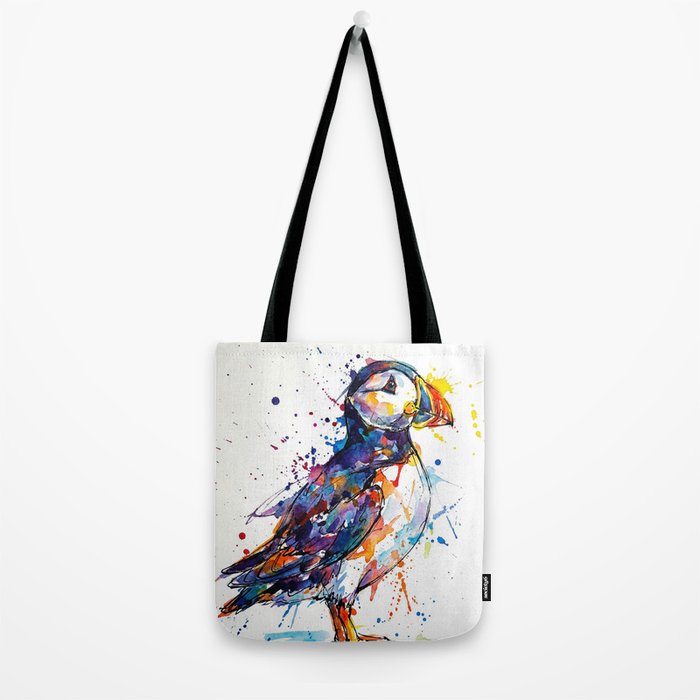Vibrant Puffin Watercolour - Ink Line and Colour Splatter Coastal Bird Art Print Tote Bag Gallery Image 2