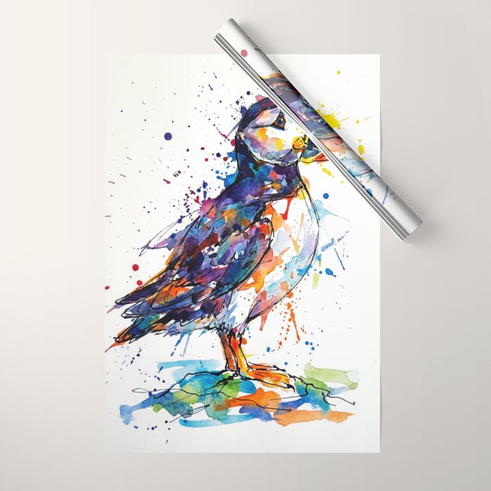 Vibrant Puffin Watercolour - Ink Line and Colour Splatter Coastal Bird Art Print Wrapping Paper Gallery Image 1