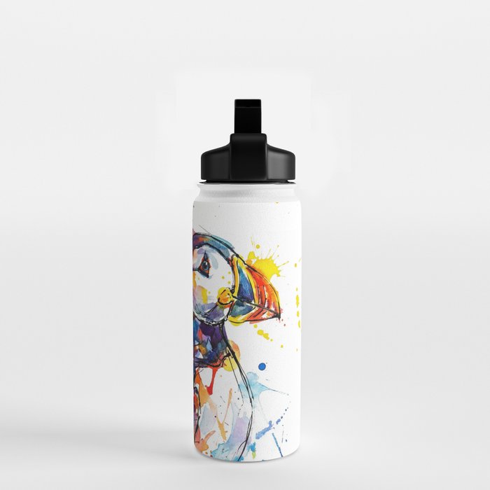 Vibrant Puffin Watercolour - Ink Line and Colour Splatter Coastal Bird Art Print Water Bottle Gallery Image 2