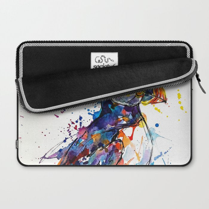 Vibrant Puffin Watercolour - Ink Line and Colour Splatter Coastal Bird Art Print Laptop Sleeve Gallery Image 2
