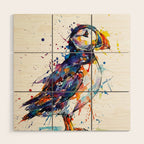 Vibrant Puffin Watercolour - Ink Line and Colour Splatter Coastal Bird Art Print Wood Wall Art Gallery Image 1