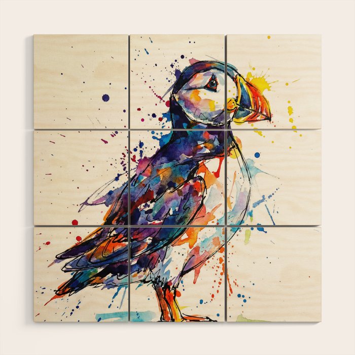 Vibrant Puffin Watercolour - Ink Line and Colour Splatter Coastal Bird Art Print Wood Wall Art Gallery Image 1