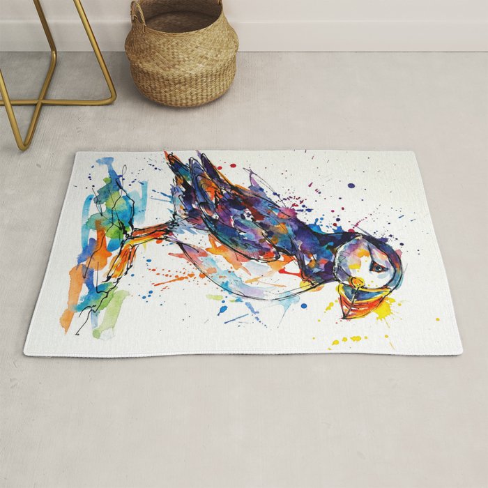 Vibrant Puffin Watercolour - Ink Line and Colour Splatter Coastal Bird Art Print Rug Gallery Image 1