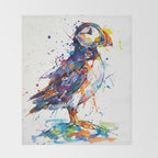 Vibrant Puffin Watercolour - Ink Line and Colour Splatter Coastal Bird Art Print Throw Blanket Gallery Image 2