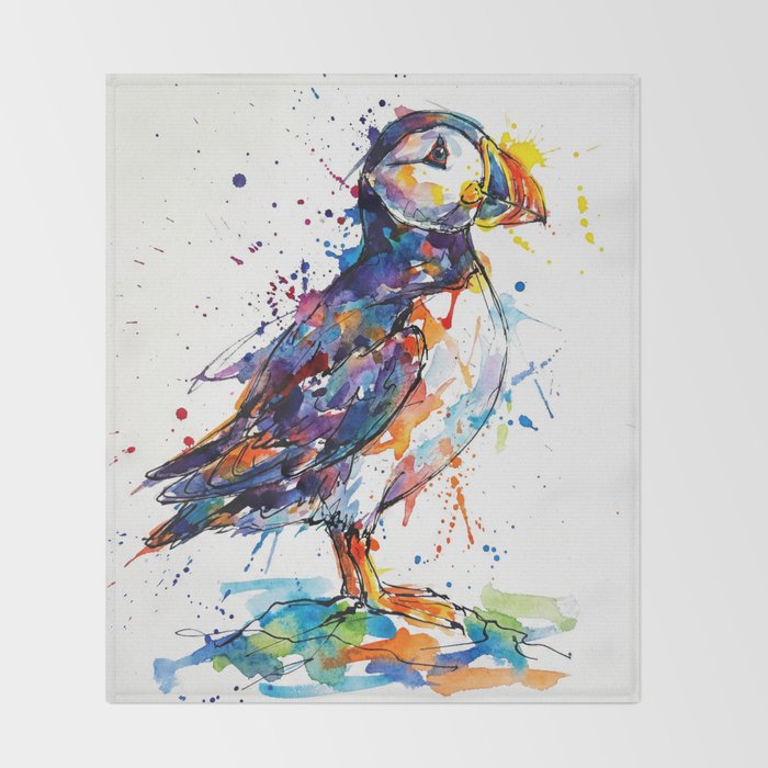 Vibrant Puffin Watercolour - Ink Line and Colour Splatter Coastal Bird Art Print Throw Blanket Gallery Image 2