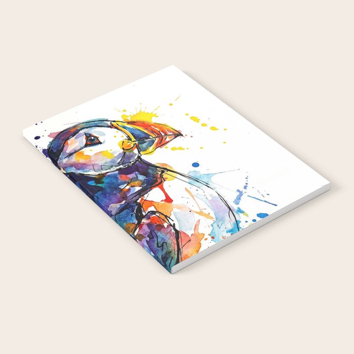 Vibrant Puffin Watercolour - Ink Line and Colour Splatter Coastal Bird Art Print Notebook Gallery Image 2