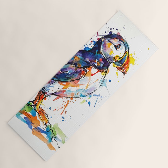 Vibrant Puffin Watercolour - Ink Line and Colour Splatter Coastal Bird Art Print Yoga Mat Gallery Image 1