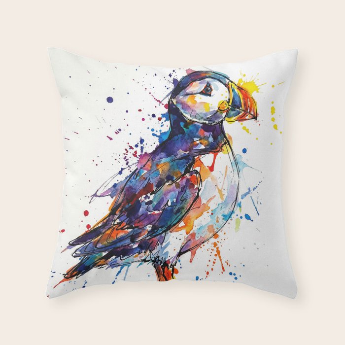 Vibrant Puffin Watercolour - Ink Line and Colour Splatter Coastal Bird Art Print Throw Pillow Gallery Image 6