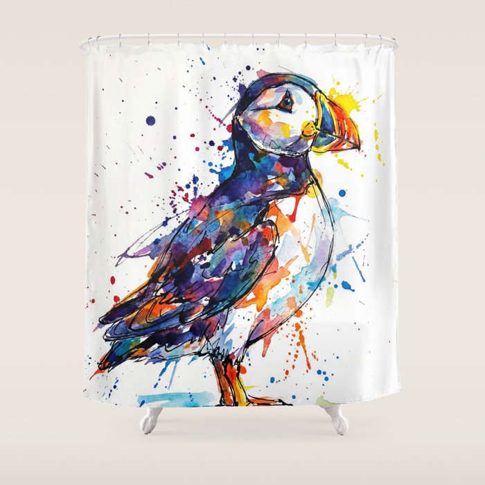 Vibrant Puffin Watercolour - Ink Line and Colour Splatter Coastal Bird Art Print Shower Curtain Gallery Image 1