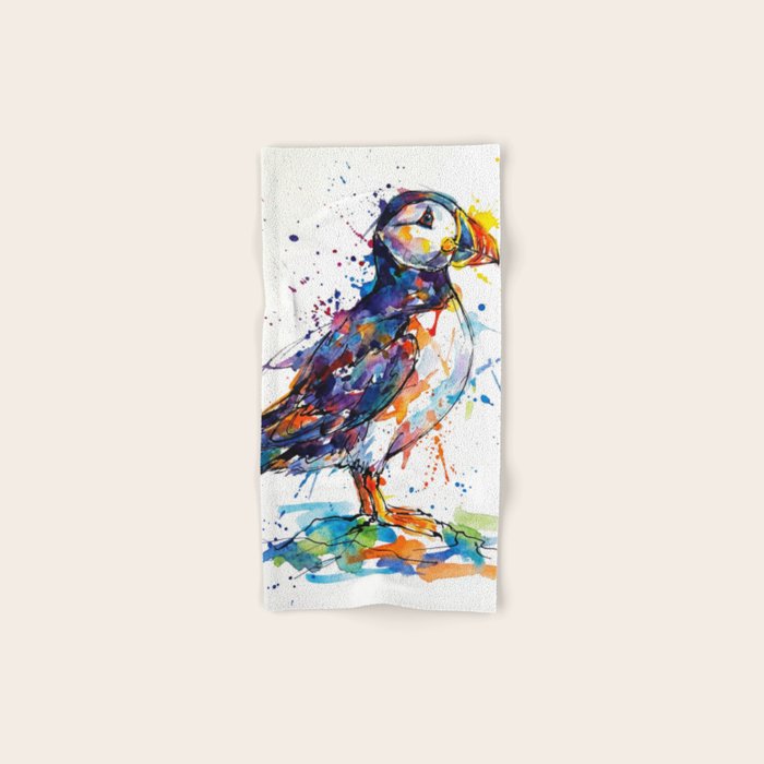 Vibrant Puffin Watercolour - Ink Line and Colour Splatter Coastal Bird Art Print Bath Towel Gallery Image 1
