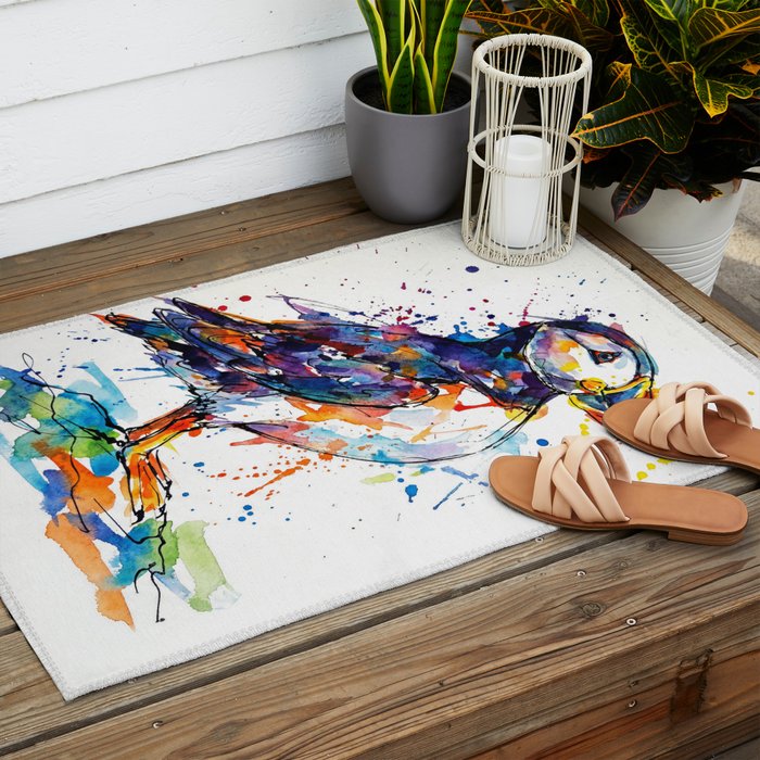 Vibrant Puffin Watercolour - Ink Line and Colour Splatter Coastal Bird Art Print Outdoor Rug Gallery Image 2