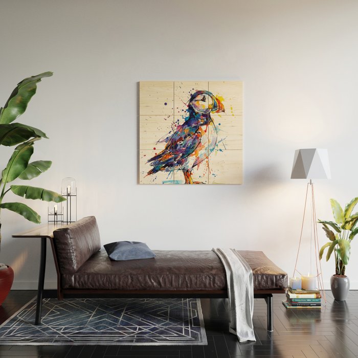 Vibrant Puffin Watercolour - Ink Line and Colour Splatter Coastal Bird Art Print Wood Wall Art Gallery Image 2