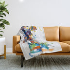 Vibrant Puffin Watercolour - Ink Line and Colour Splatter Coastal Bird Art Print Throw Blanket Gallery Image 1