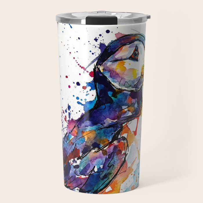 Vibrant Puffin Watercolour - Ink Line and Colour Splatter Coastal Bird Art Print Travel Mug Gallery Image 1
