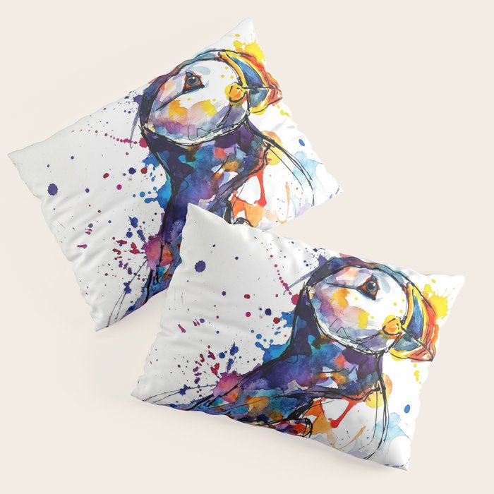 Vibrant Puffin Watercolour - Ink Line and Colour Splatter Coastal Bird Art Print Pillow Sham Gallery Image 1
