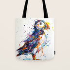 Vibrant Puffin Watercolour - Ink Line and Colour Splatter Coastal Bird Art Print Tote Bag Gallery Image 1