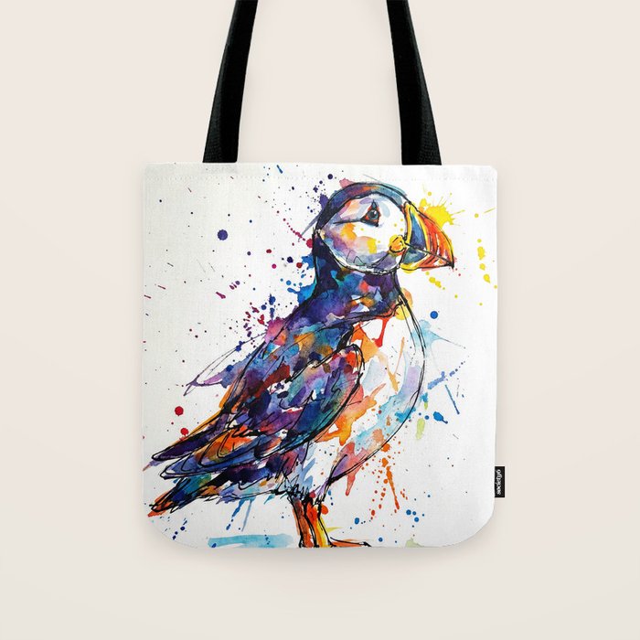 Vibrant Puffin Watercolour - Ink Line and Colour Splatter Coastal Bird Art Print Tote Bag Gallery Image 1