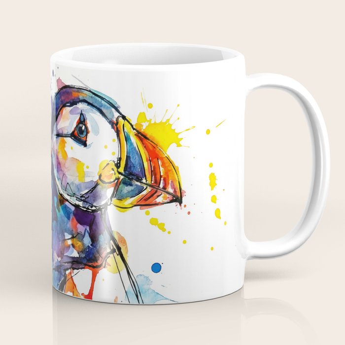 Vibrant Puffin Watercolour - Ink Line and Colour Splatter Coastal Bird Art Print Coffee Mug Gallery Image 1