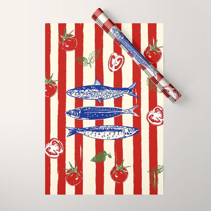 Sardines and Tomato Mediterranean Doodle Wrapping Paper Gallery Image 1