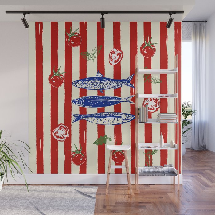 Sardines and Tomato Mediterranean Doodle Wall Mural Gallery Image 1