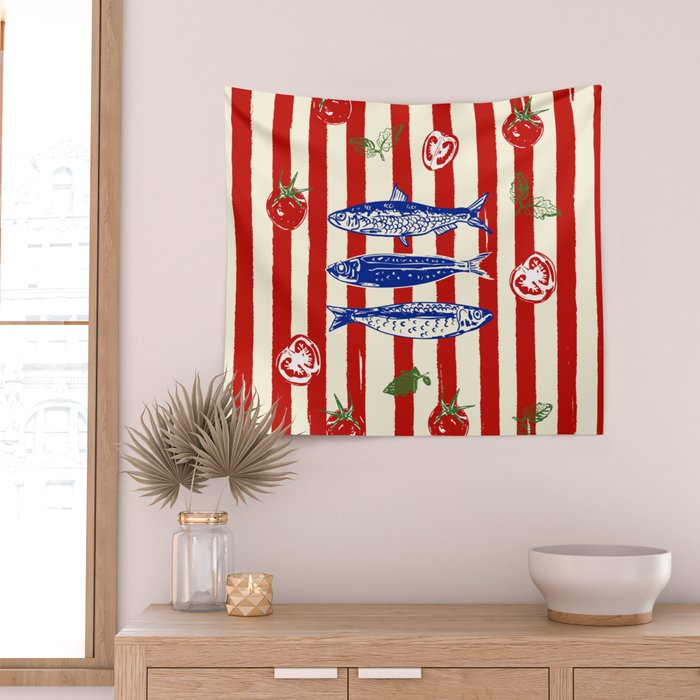 Sardines and Tomato Mediterranean Doodle Wall Tapestry Gallery Image 2