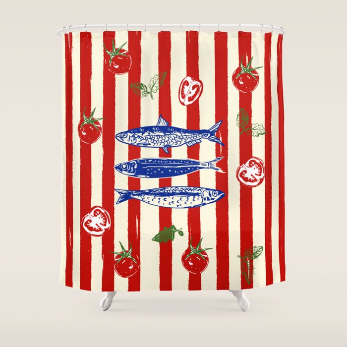 Sardines and Tomato Mediterranean Doodle Shower Curtain Gallery Image 1