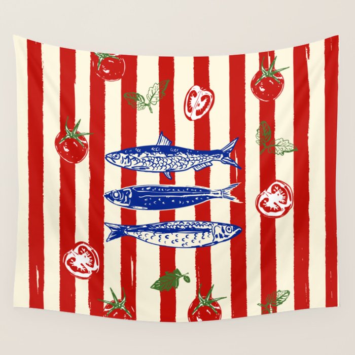 Sardines and Tomato Mediterranean Doodle Wall Tapestry Gallery Image 4