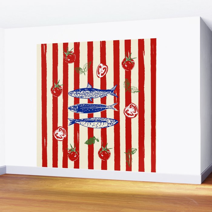 Sardines and Tomato Mediterranean Doodle Wall Mural Gallery Image 2