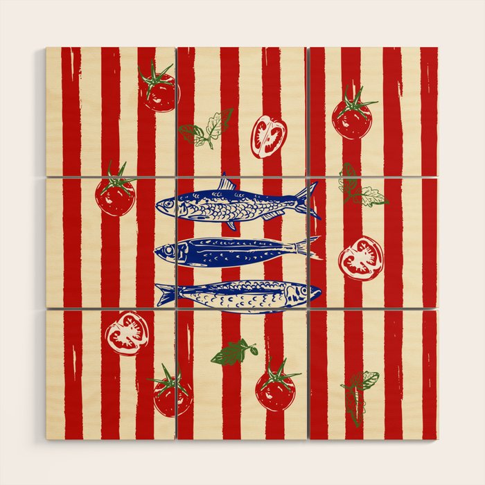 Sardines and Tomato Mediterranean Doodle Wood Wall Art Gallery Image 1