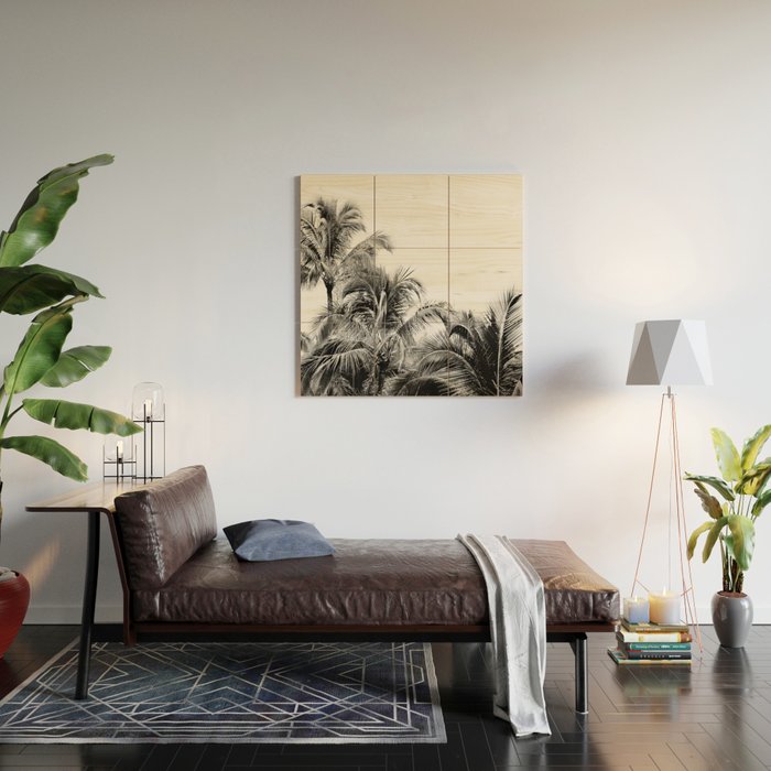 Big Island Palms - Black and White Photography, Tropical Nature Wood Wall Art Gallery Image 2