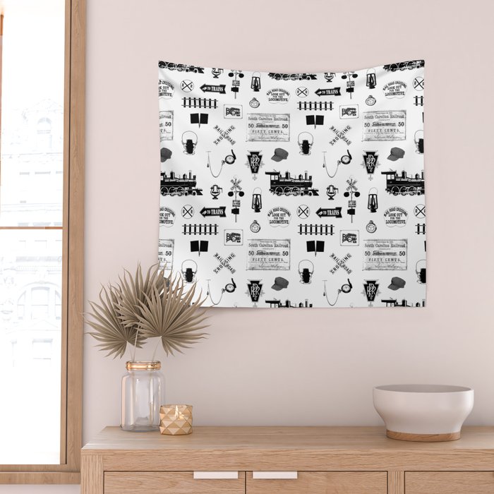 Railroad Symbols on White Wall Tapestry Gallery Image 2