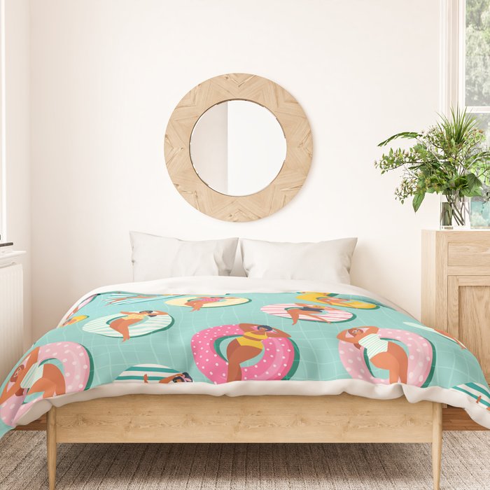 Summer gils on inflatable in swimming pool floats. Duvet Cover Gallery Image 3