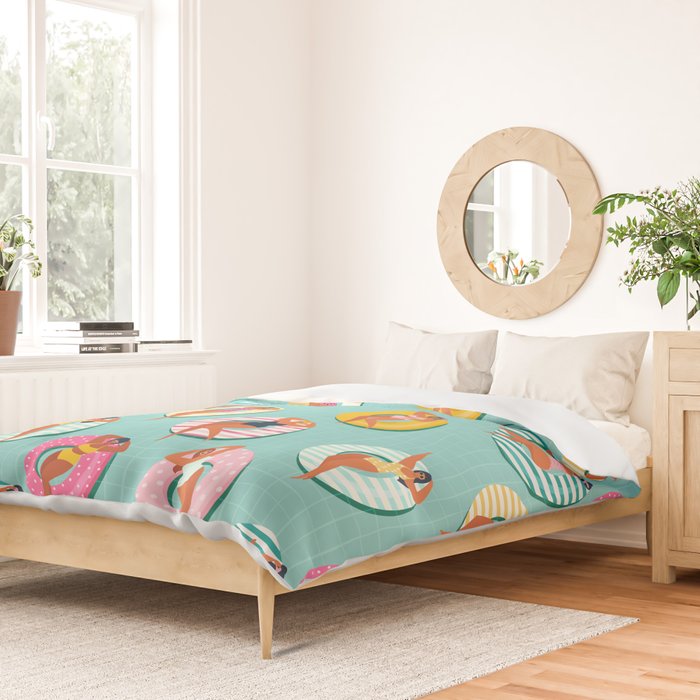 Summer gils on inflatable in swimming pool floats. Duvet Cover Gallery Image 2