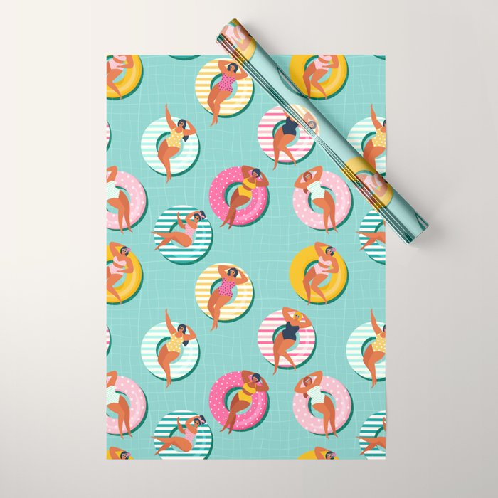 Summer gils on inflatable in swimming pool floats. Wrapping Paper Gallery Image 1