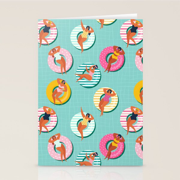 Summer gils on inflatable in swimming pool floats. Stationery Card Gallery Image 1