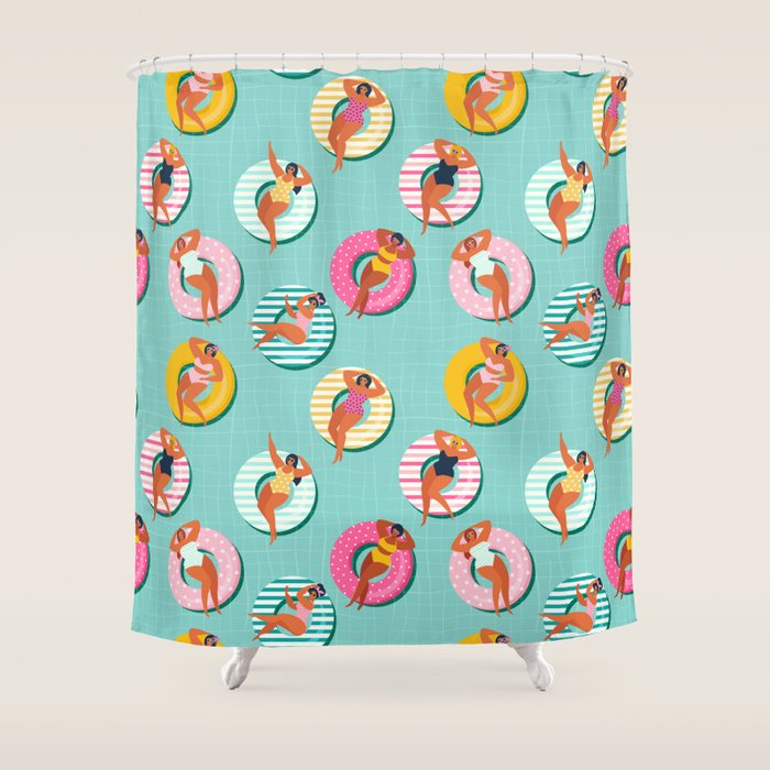 Summer gils on inflatable in swimming pool floats. Shower Curtain Gallery Image 1