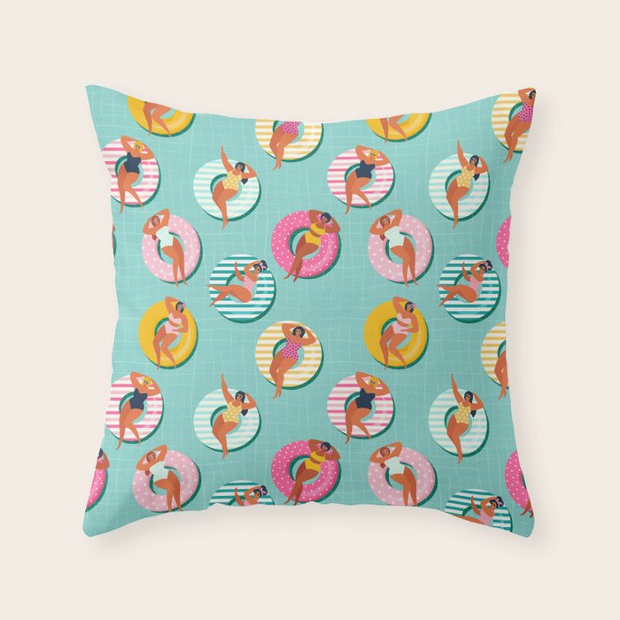 Summer gils on inflatable in swimming pool floats. Throw Pillow Gallery Image 6