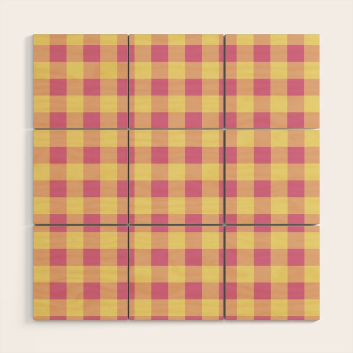 Gingham Large Pink Orange Yellow Wood Wall Art Gallery Image 1