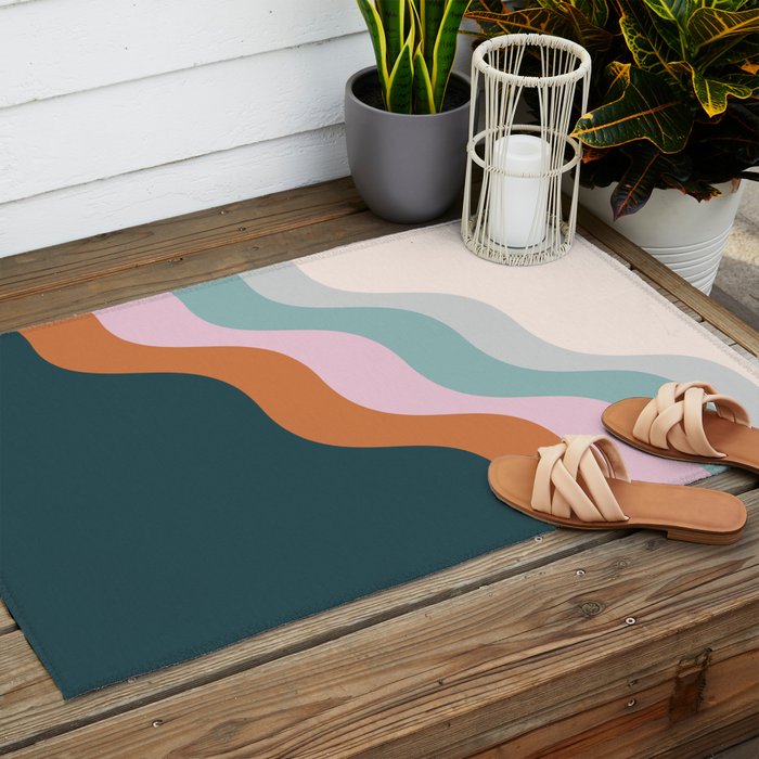 Abstract Diagonal Waves in Teal, Terracotta, and Pink Outdoor Rug Gallery Image 2
