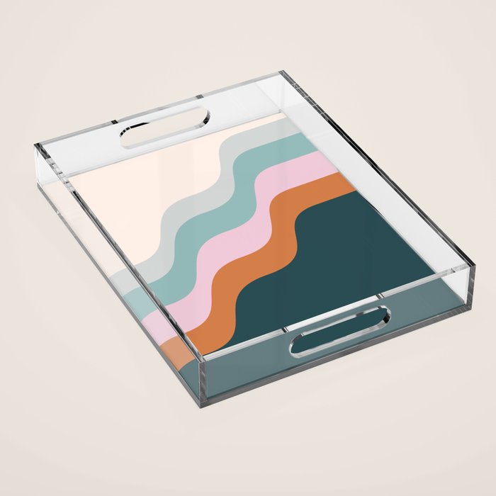 Abstract Diagonal Waves in Teal, Terracotta, and Pink Acrylic Tray Gallery Image 1