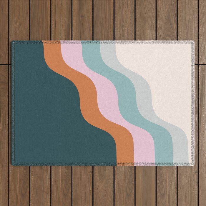 Abstract Diagonal Waves in Teal, Terracotta, and Pink Outdoor Rug Gallery Image 1