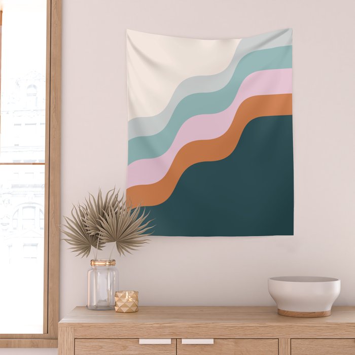 Abstract Diagonal Waves in Teal, Terracotta, and Pink Wall Tapestry Gallery Image 2